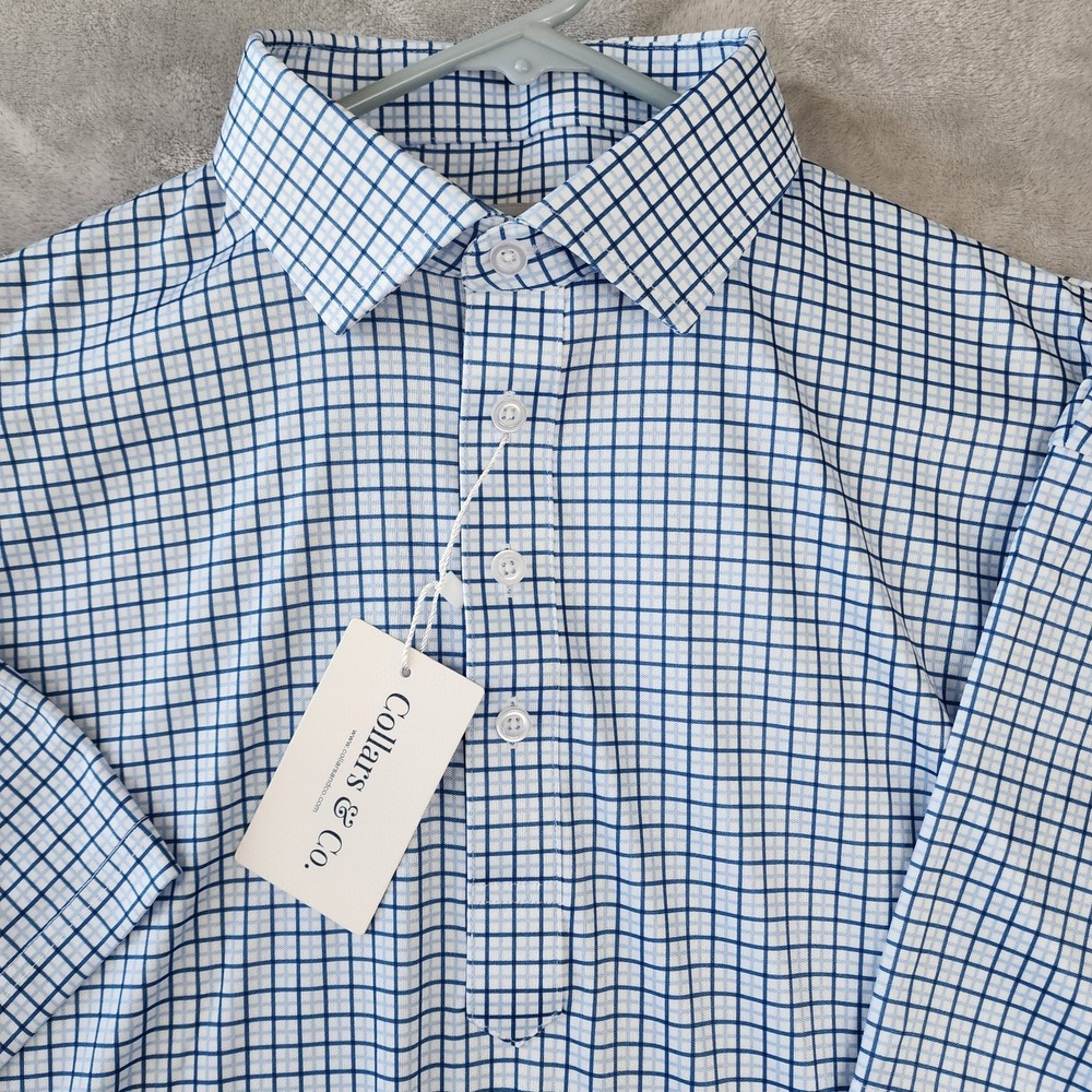 Collars & Co Polo Shirt Mens Size Large Blue Plaid Tattersall Firm Dress Collar